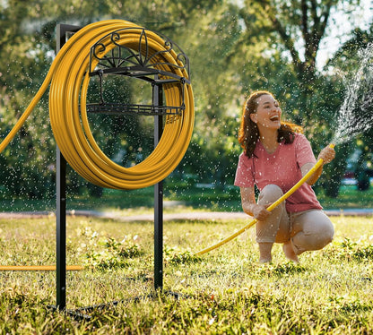 Heavy-Duty Portable Garden Hose Holder with Storage Basket,120+ lbs Capacity, Holds 180ft 1/2" Hose,Dual Support Rods & Rustproof Screws,Modern Geometric Design
