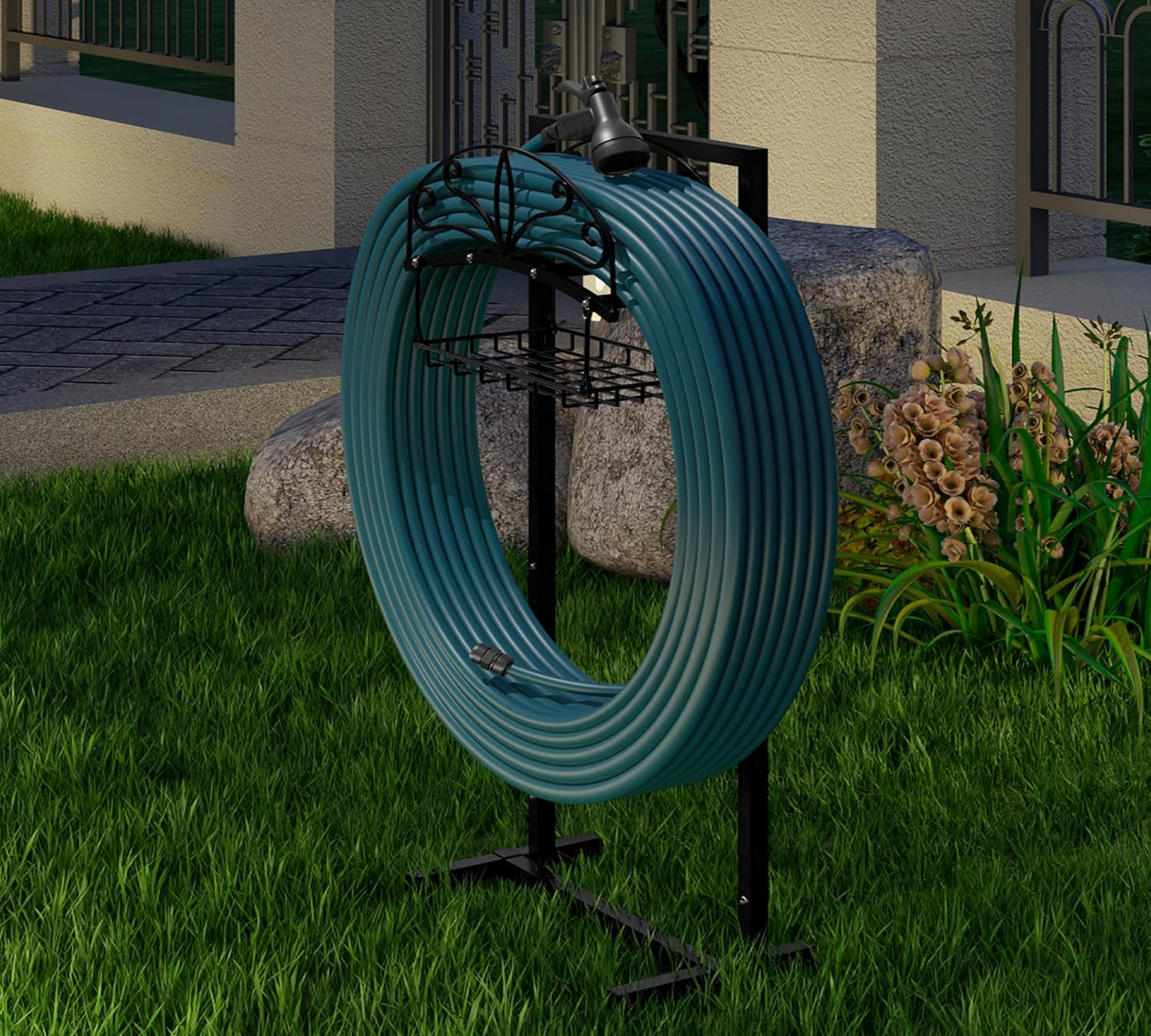 Heavy-Duty Portable Garden Hose Holder with Storage Basket,120+ lbs Capacity, Holds 180ft 1/2" Hose,Dual Support Rods & Rustproof Screws,Modern Geometric Design