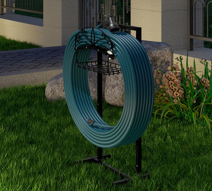Heavy-Duty Portable Garden Hose Holder with Storage Basket,120+ lbs Capacity, Holds 180ft 1/2" Hose,Dual Support Rods & Rustproof Screws,Modern Geometric Design