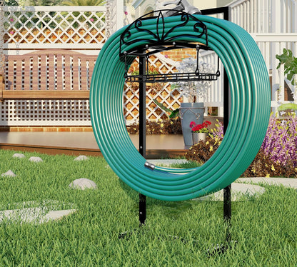 Heavy-Duty Portable Garden Hose Holder with Storage Basket,120+ lbs Capacity, Holds 180ft 1/2" Hose,Dual Support Rods & Rustproof Screws,Modern Geometric Design