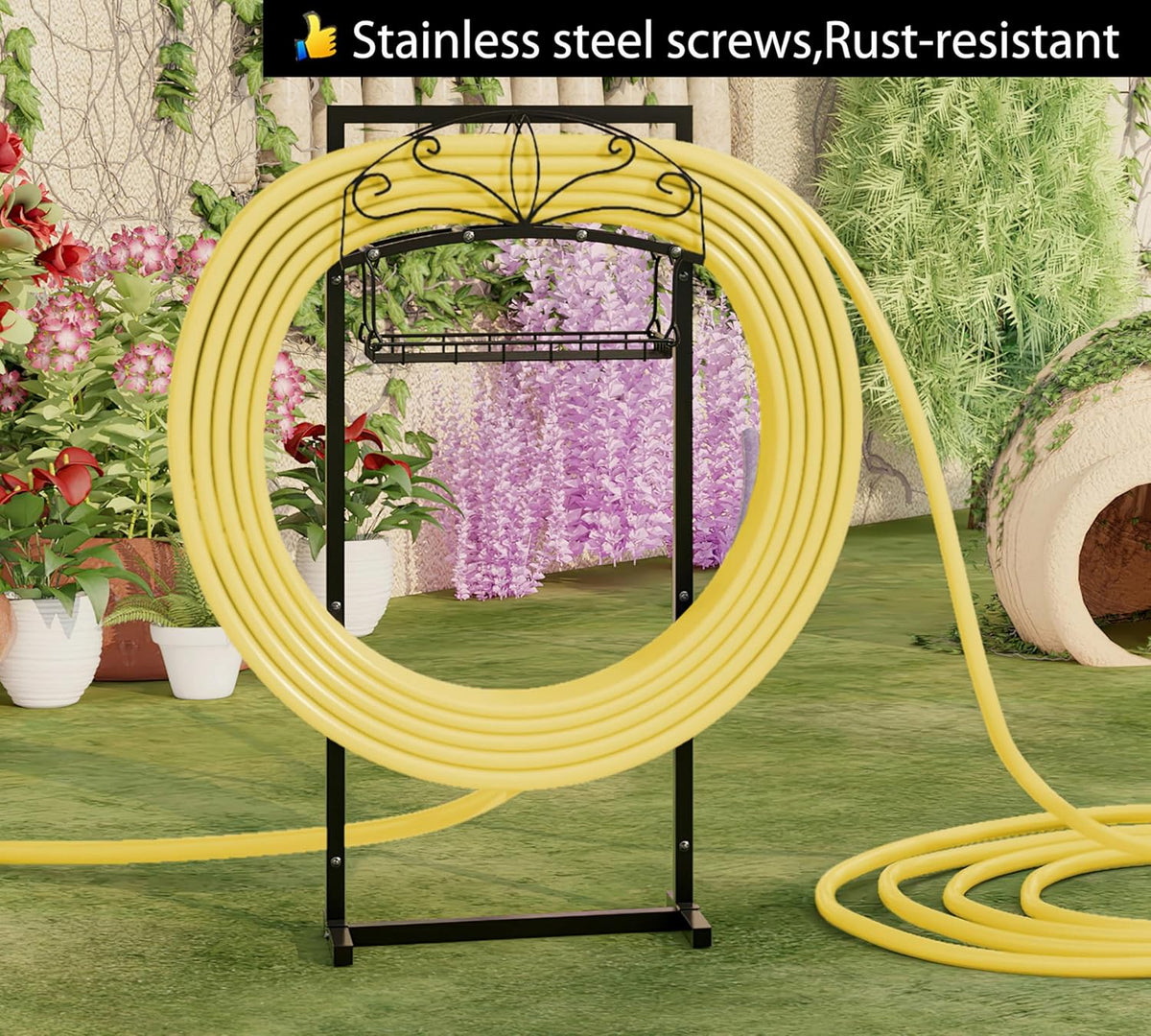 Heavy-Duty Portable Garden Hose Holder with Storage Basket,120+ lbs Capacity, Holds 180ft 1/2" Hose,Dual Support Rods & Rustproof Screws,Modern Geometric Design