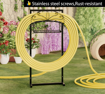 Heavy-Duty Portable Garden Hose Holder with Storage Basket,120+ lbs Capacity, Holds 180ft 1/2" Hose,Dual Support Rods & Rustproof Screws,Modern Geometric Design