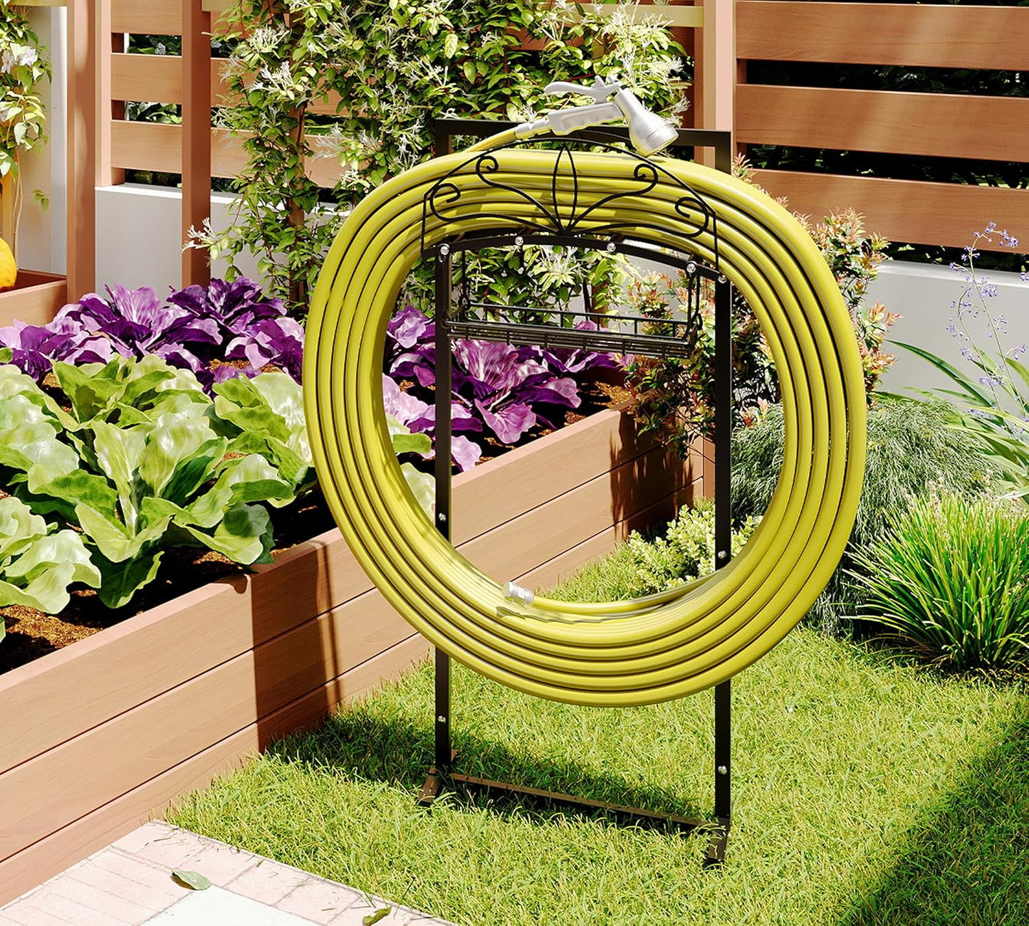 Heavy-Duty Portable Garden Hose Holder with Storage Basket,120+ lbs Capacity, Holds 180ft 1/2" Hose,Dual Support Rods & Rustproof Screws,Modern Geometric Design