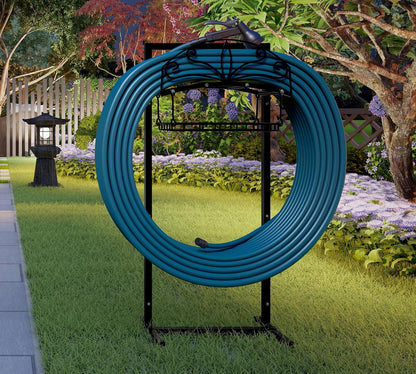 Heavy-Duty Portable Garden Hose Holder with Storage Basket,120+ lbs Capacity, Holds 180ft 1/2" Hose,Dual Support Rods & Rustproof Screws,Modern Geometric Design