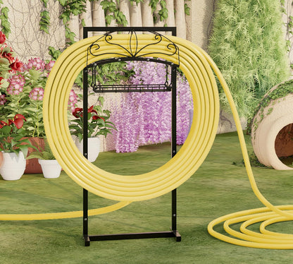 Heavy-Duty Portable Garden Hose Holder with Storage Basket,120+ lbs Capacity, Holds 180ft 1/2" Hose,Dual Support Rods & Rustproof Screws,Modern Geometric Design