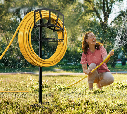 Heavy-Duty Portable Garden Hose Holder with Storage Basket,120+ lbs Capacity, Holds 180ft 1/2" Hose,Dual Support Rods & Rustproof Screws,Modern Geometric Design
