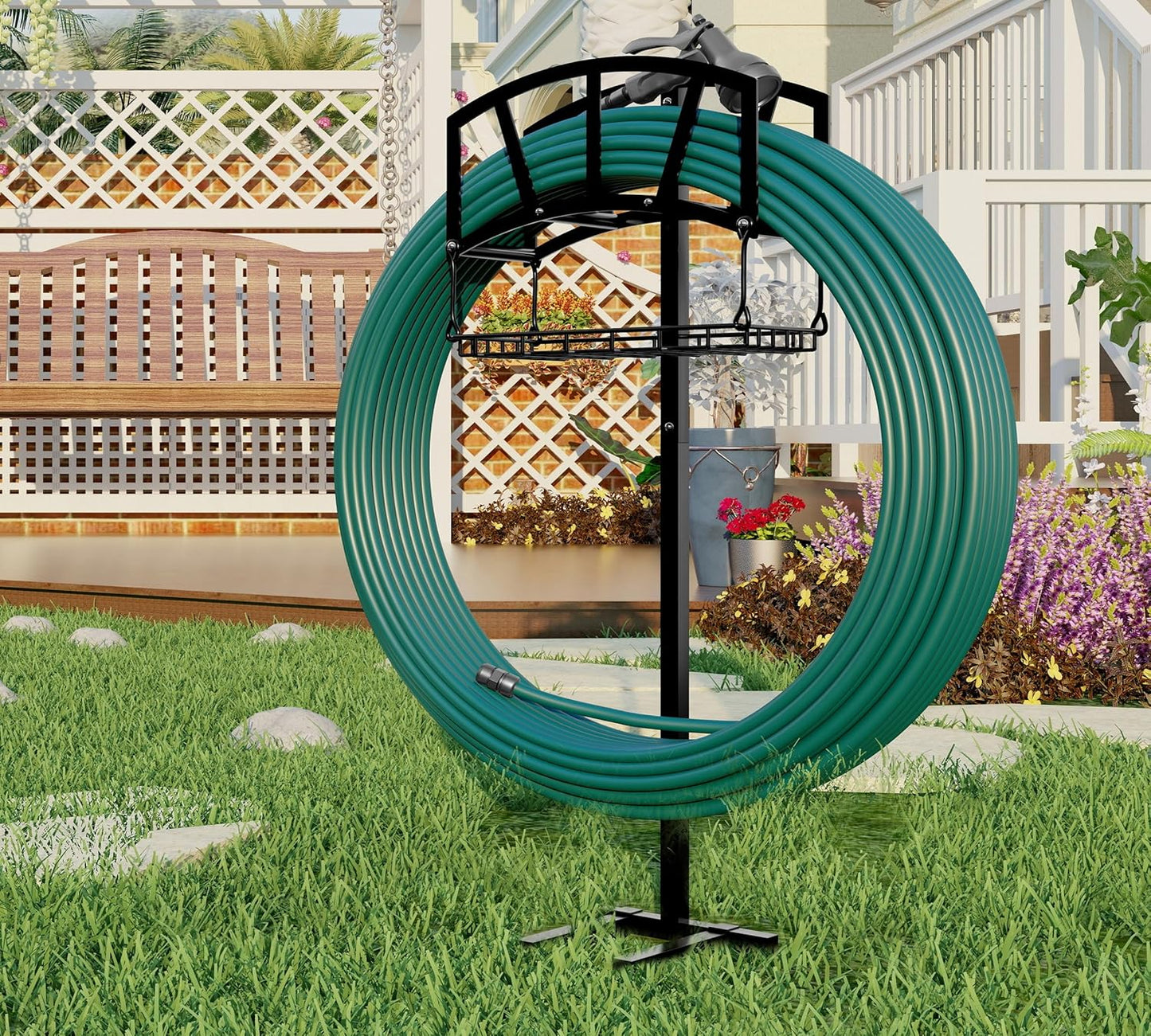 Heavy-Duty Portable Garden Hose Holder with Storage Basket,120+ lbs Capacity, Holds 180ft 1/2" Hose,Dual Support Rods & Rustproof Screws,Modern Geometric Design