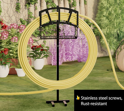 Heavy-Duty Portable Garden Hose Holder with Storage Basket,120+ lbs Capacity, Holds 180ft 1/2" Hose,Dual Support Rods & Rustproof Screws,Modern Geometric Design