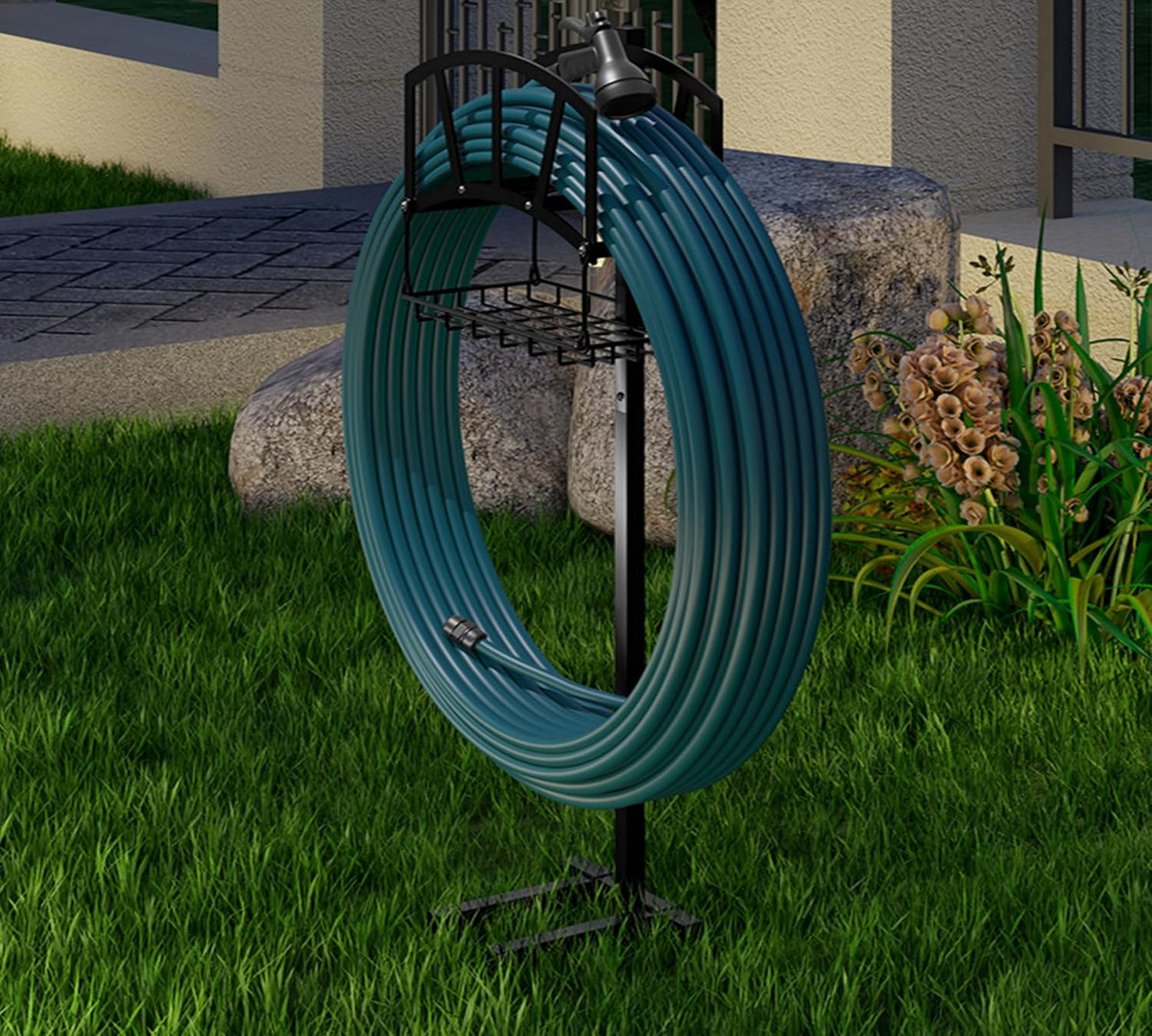 Heavy-Duty Portable Garden Hose Holder with Storage Basket,120+ lbs Capacity, Holds 180ft 1/2" Hose,Dual Support Rods & Rustproof Screws,Modern Geometric Design