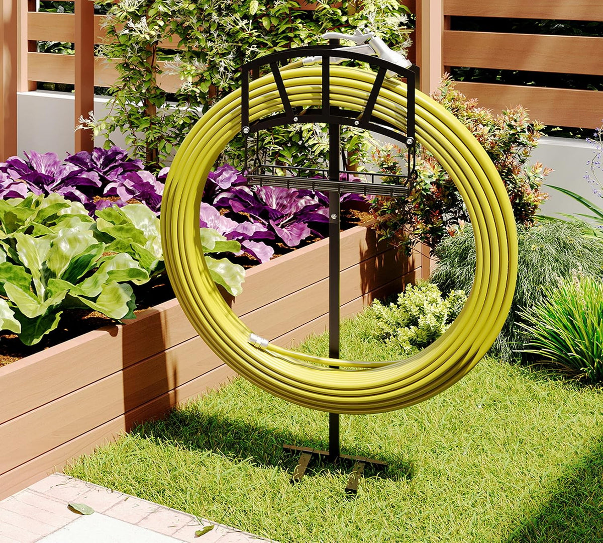 Heavy-Duty Portable Garden Hose Holder with Storage Basket,120+ lbs Capacity, Holds 180ft 1/2" Hose,Dual Support Rods & Rustproof Screws,Modern Geometric Design
