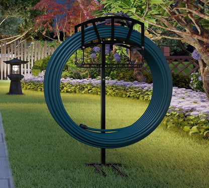 Heavy-Duty Portable Garden Hose Holder with Storage Basket,120+ lbs Capacity, Holds 180ft 1/2" Hose,Dual Support Rods & Rustproof Screws,Modern Geometric Design