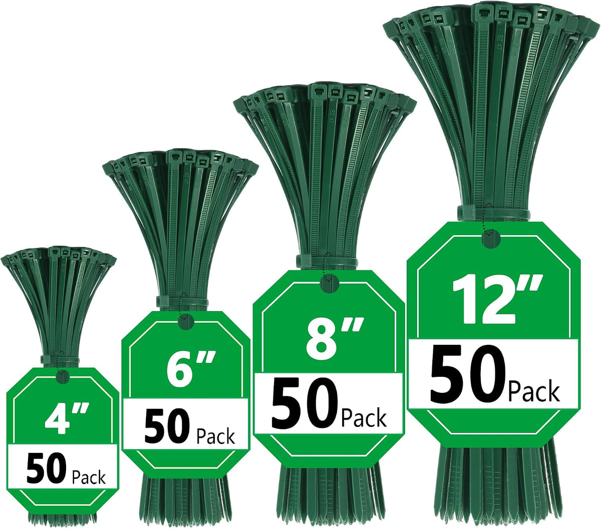 Green Zip Ties, Zip Ties Assorted Sizes 4/6/8/12 inch, 200 Pack, 18-50 lb Tensile Strength, Zipties, Green Cable Ties for Christmas, Garden, Plants, Floral Arrangements