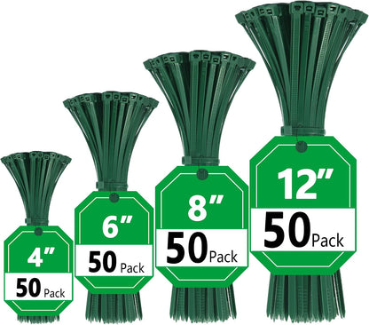 Green Zip Ties, Zip Ties Assorted Sizes 4/6/8/12 inch, 200 Pack, 18-50 lb Tensile Strength, Zipties, Green Cable Ties for Christmas, Garden, Plants, Floral Arrangements