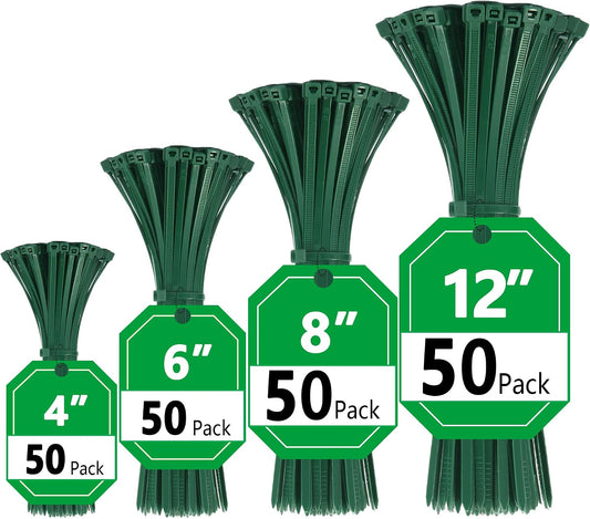 Green Zip Ties, Zip Ties Assorted Sizes 4/6/8/12 inch, 200 Pack, 18-50 lb Tensile Strength, Zipties, Green Cable Ties for Christmas, Garden, Plants, Floral Arrangements