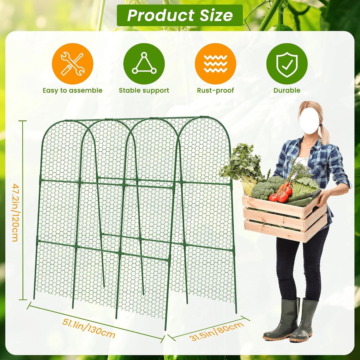Cucumber Trellis, 50" X 47" U-Shape Garden Trellis for Climbing Plants Outdoor, Arch Trellis Cucumber for Raised Bed, Foldable Plant Support for Vine/Vegetable/Tomato/Zucchini/Pea