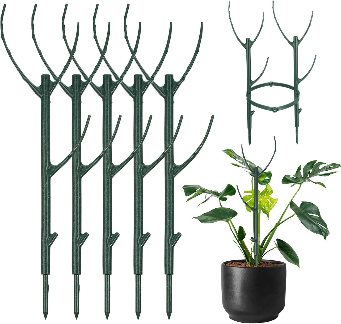 5Pcs Stackable Monstera Plant Support Stake Stem Holder Structures Frame & Plant Cage Support Ring for Sphagnum Twig Trellis Indoor Outdoor Potted Plants Stick for Vine Training & Stem Stabilization