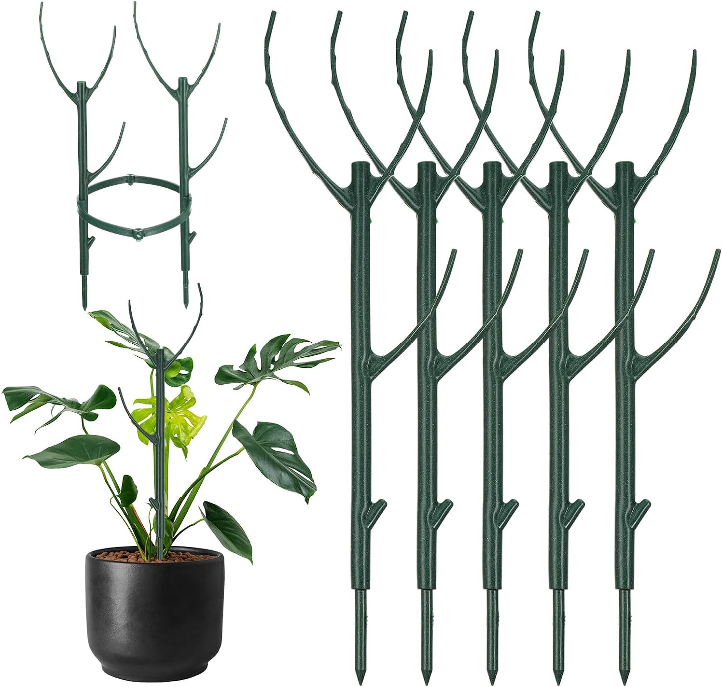 5Pcs Stackable Monstera Plant Support Stake Stem Holder Structures Frame & Plant Cage Support Ring for Sphagnum Twig Trellis Indoor Outdoor Potted Plants Stick for Vine Training & Stem Stabilization