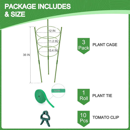 3 Pack Tomato Cage for Pots Plant Support, Upgrade 36 Inches Tomato Cages for Garden, Pepper Cage Trellis Kit with Plant Tie and Clips (36")