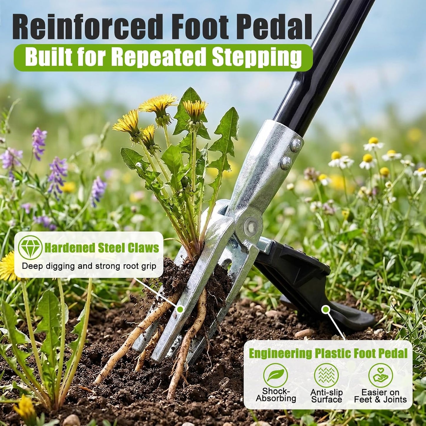 39" Stand Up Weed Puller Tool - Heavy Duty Detachable 3-Claw Weeder with Ergonomic Long D-Handle | Tools for Effortless Garden Weed Removal (Dandelions, Thistles & More)