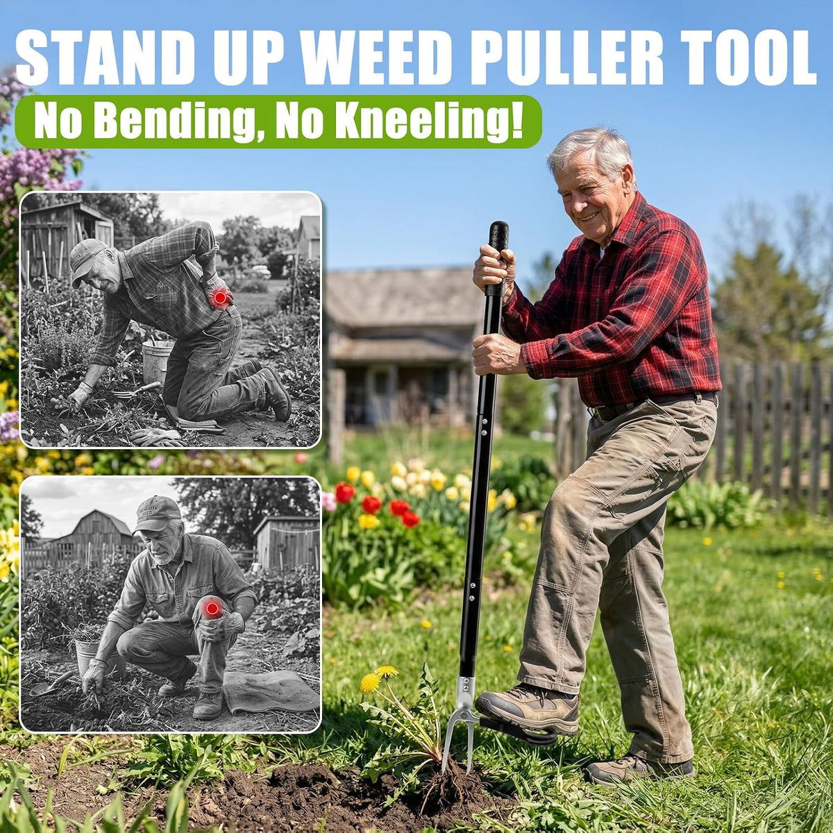 39" Stand Up Weed Puller Tool - Heavy Duty Detachable 3-Claw Weeder with Ergonomic Long D-Handle | Tools for Effortless Garden Weed Removal (Dandelions, Thistles & More)