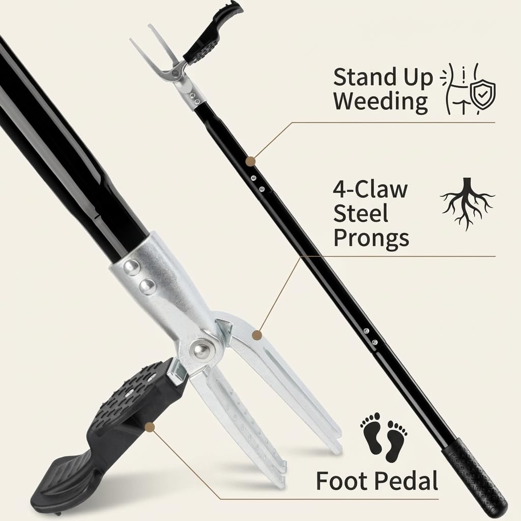 39" Stand Up Weed Puller Tool - Heavy Duty Detachable 3-Claw Weeder with Ergonomic Long D-Handle | Tools for Effortless Garden Weed Removal (Dandelions, Thistles & More)
