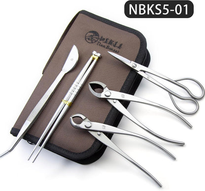 Small Size Bonsai Tools 5-Piece Alloy Steel Bonsai tool Kit In Cluding 180mm Long Handle Scissors / 180mm Branch Cutter / 180mm Knob Cutter / 200mm Straight Root Hook / Tweezers (NBKS5-01)