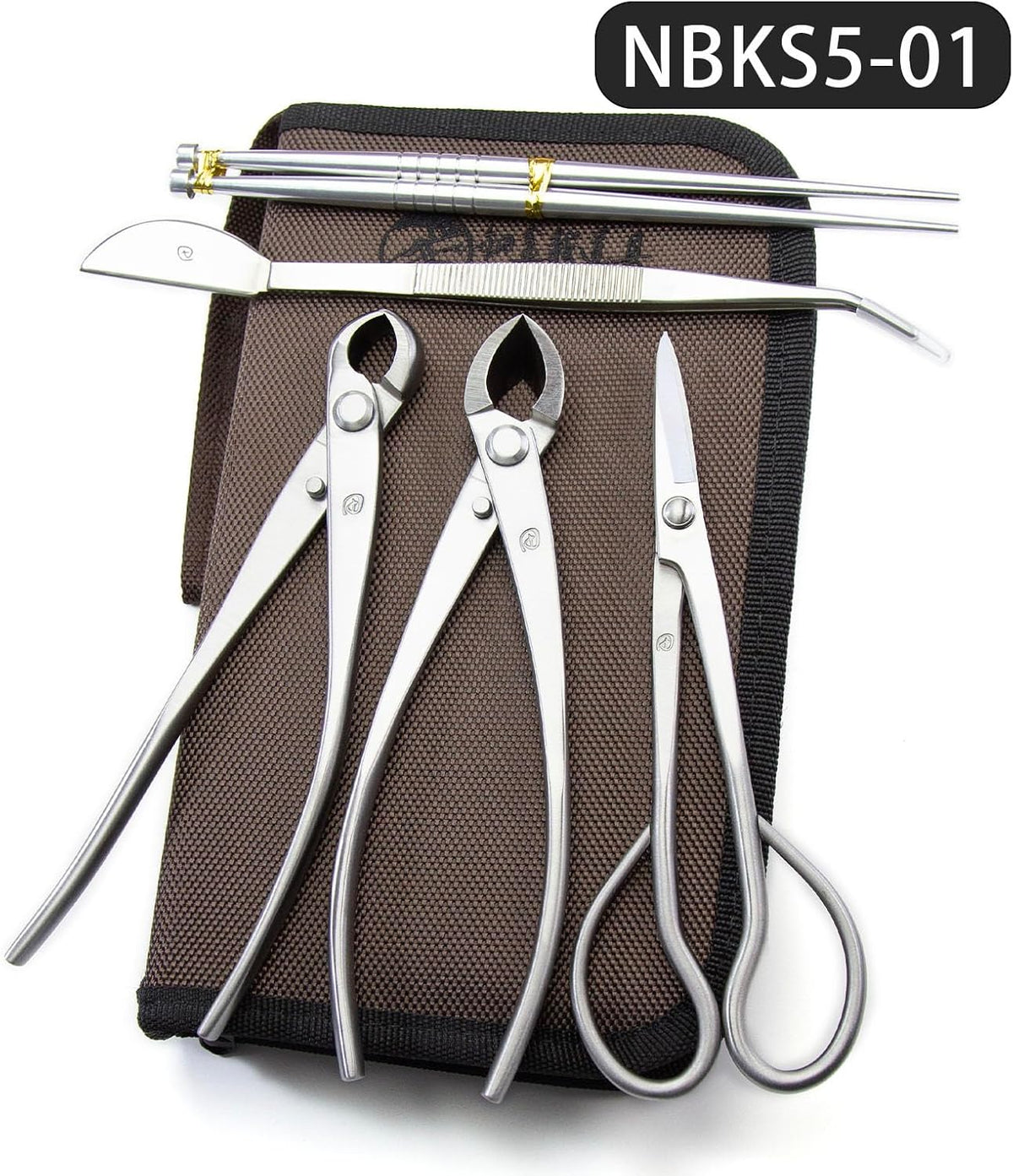 Small Size Bonsai Tools 5-Piece Alloy Steel Bonsai tool Kit In Cluding 180mm Long Handle Scissors / 180mm Branch Cutter / 180mm Knob Cutter / 200mm Straight Root Hook / Tweezers (NBKS5-01)