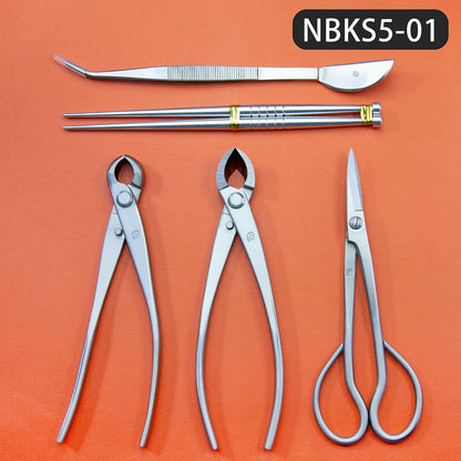 Small Size Bonsai Tools 5-Piece Alloy Steel Bonsai tool Kit In Cluding 180mm Long Handle Scissors / 180mm Branch Cutter / 180mm Knob Cutter / 200mm Straight Root Hook / Tweezers (NBKS5-01)
