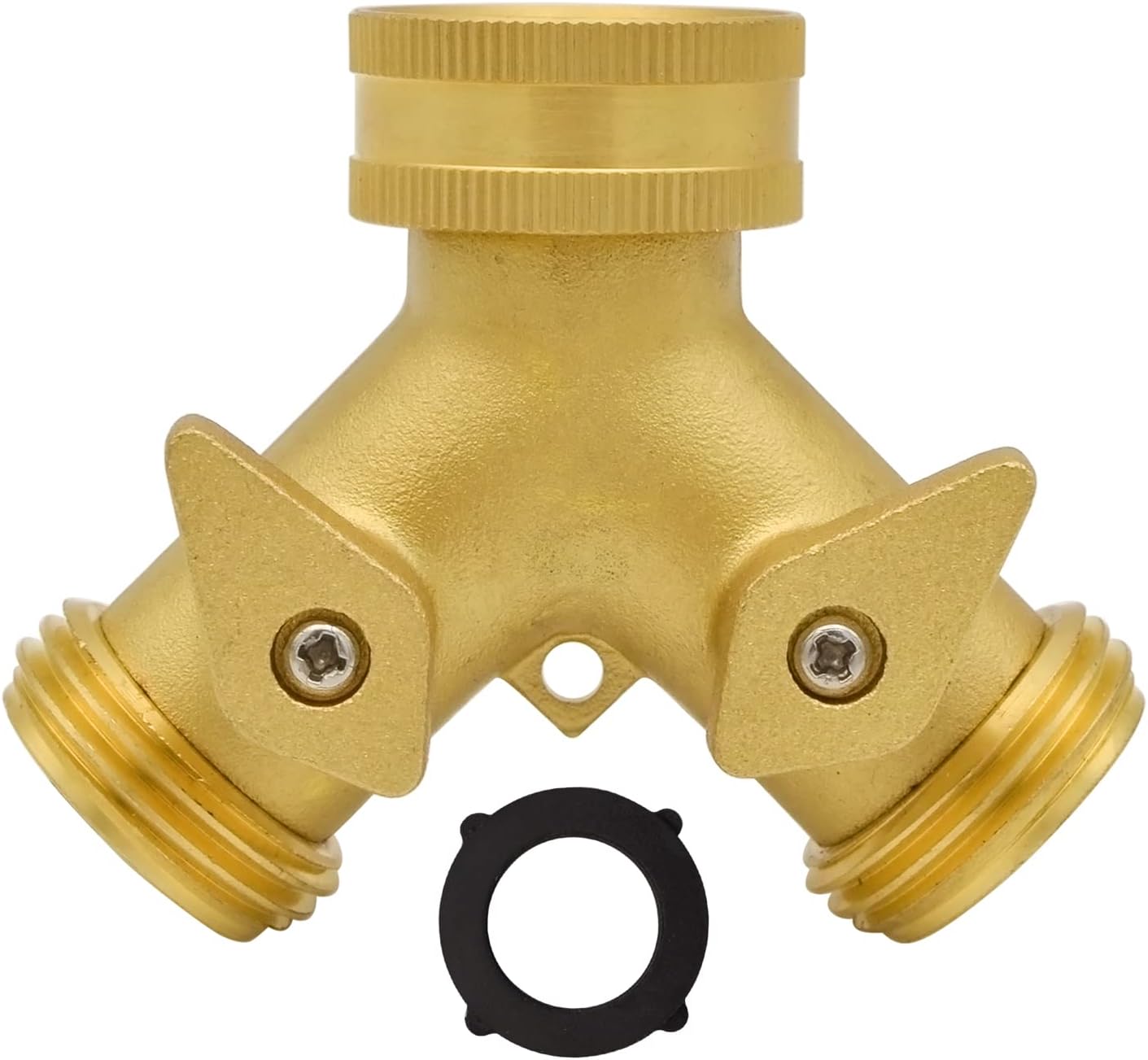 Heavy Duty Brass 2 Way Y Splitter Garden Hose with Comfortable Grip Shut Off Valves, Adapter for Water Tap, Outlet, & Spigot, Includes Extra Rubber Washers