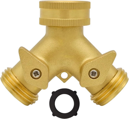 Heavy Duty Brass 2 Way Y Splitter Garden Hose with Comfortable Grip Shut Off Valves, Adapter for Water Tap, Outlet, & Spigot, Includes Extra Rubber Washers