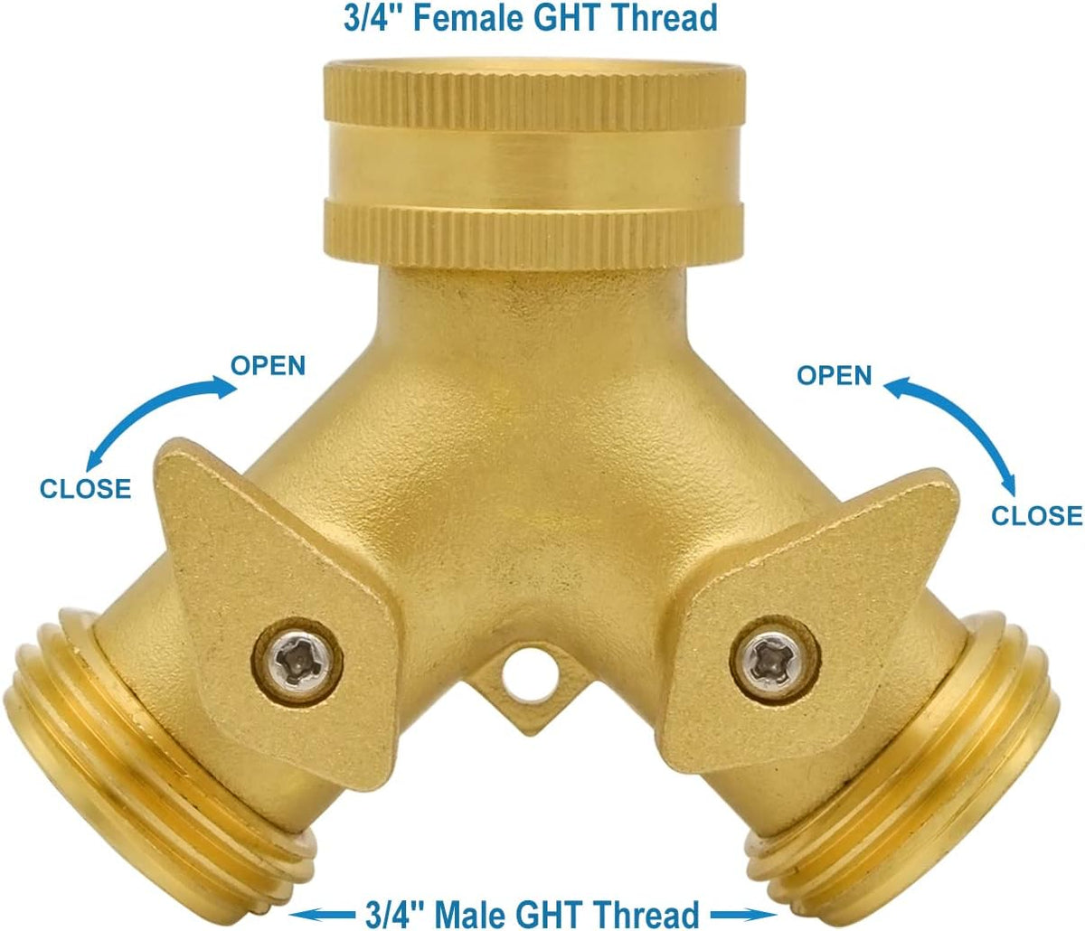 Heavy Duty Brass 2 Way Y Splitter Garden Hose with Comfortable Grip Shut Off Valves, Adapter for Water Tap, Outlet, & Spigot, Includes Extra Rubber Washers