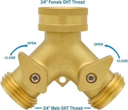 Heavy Duty Brass 2 Way Y Splitter Garden Hose with Comfortable Grip Shut Off Valves, Adapter for Water Tap, Outlet, & Spigot, Includes Extra Rubber Washers