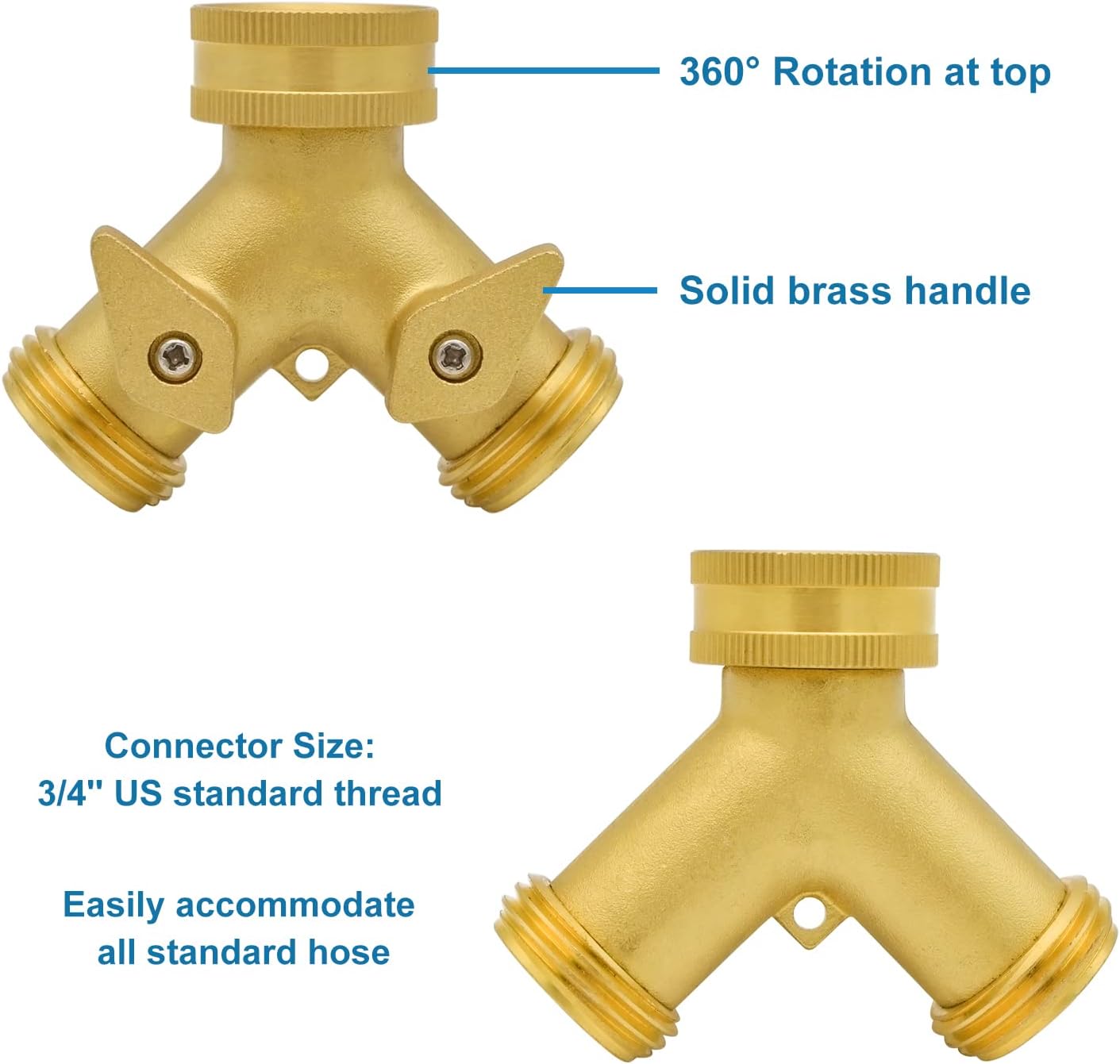 Heavy Duty Brass 2 Way Y Splitter Garden Hose with Comfortable Grip Shut Off Valves, Adapter for Water Tap, Outlet, & Spigot, Includes Extra Rubber Washers