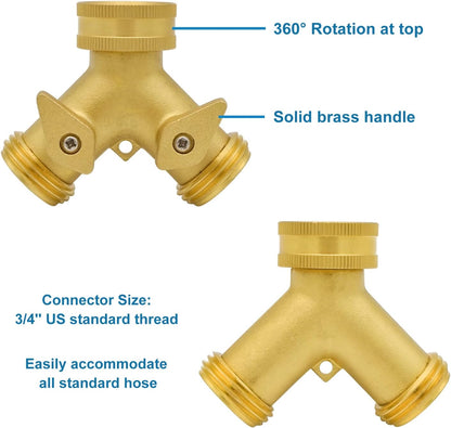 Heavy Duty Brass 2 Way Y Splitter Garden Hose with Comfortable Grip Shut Off Valves, Adapter for Water Tap, Outlet, & Spigot, Includes Extra Rubber Washers