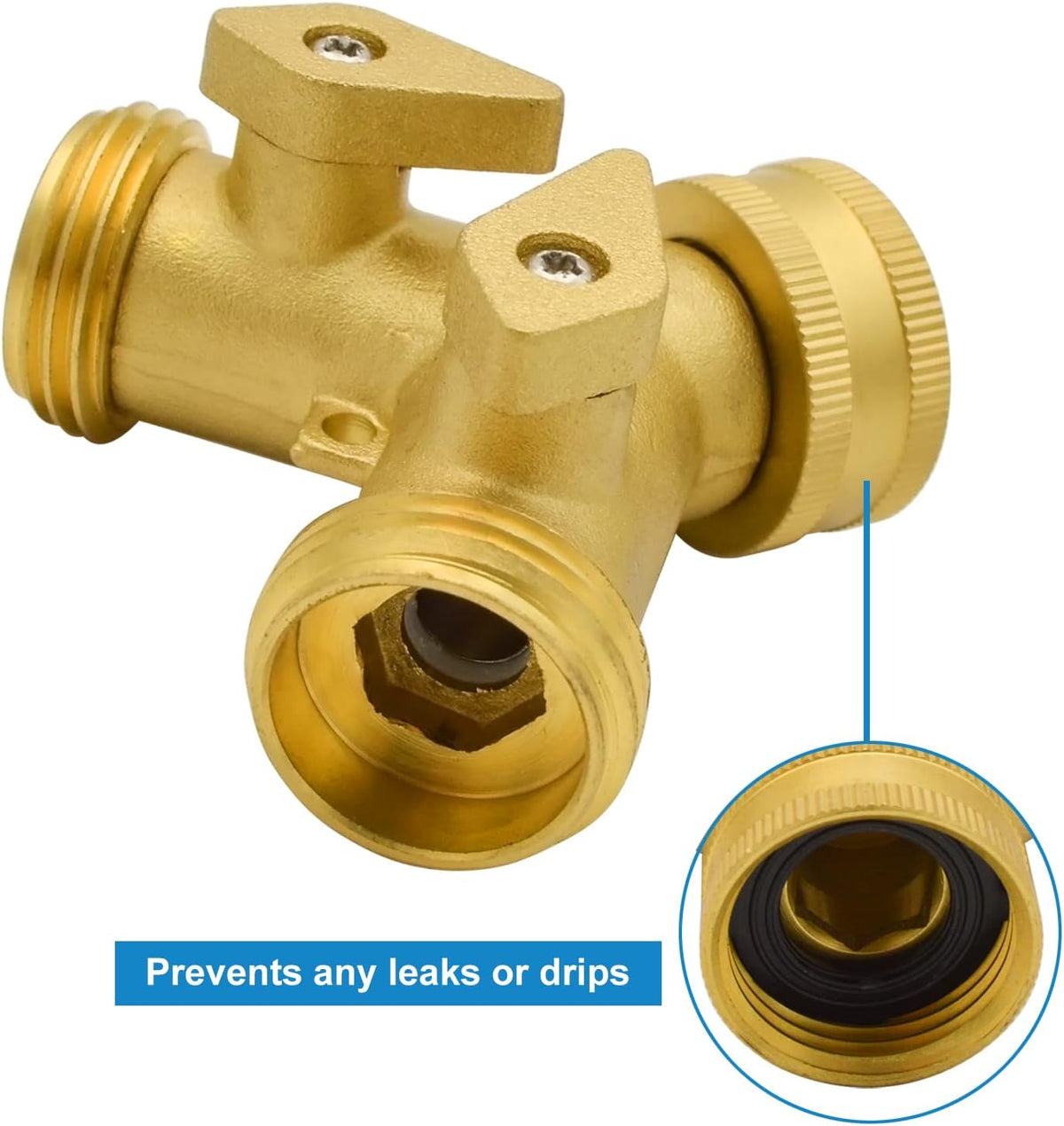 Heavy Duty Brass 2 Way Y Splitter Garden Hose with Comfortable Grip Shut Off Valves, Adapter for Water Tap, Outlet, & Spigot, Includes Extra Rubber Washers