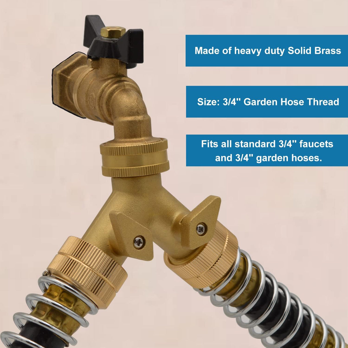 Heavy Duty Brass 2 Way Y Splitter Garden Hose with Comfortable Grip Shut Off Valves, Adapter for Water Tap, Outlet, & Spigot, Includes Extra Rubber Washers