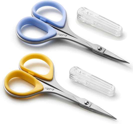 Sewing and Embroidery Scissors Set (2 pcs) Curved and Straight, Sharp, Stainless-Steel Design | Precision Tips, Ergonomic Rubber Handle Grip | Small, Compact DIY Use (Extra Sharp)