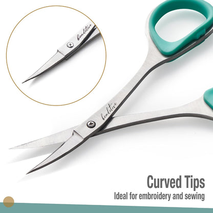 Sewing and Embroidery Scissors Set (2 pcs) Curved and Straight, Sharp, Stainless-Steel Design | Precision Tips, Ergonomic Rubber Handle Grip | Small, Compact DIY Use (Extra Sharp)