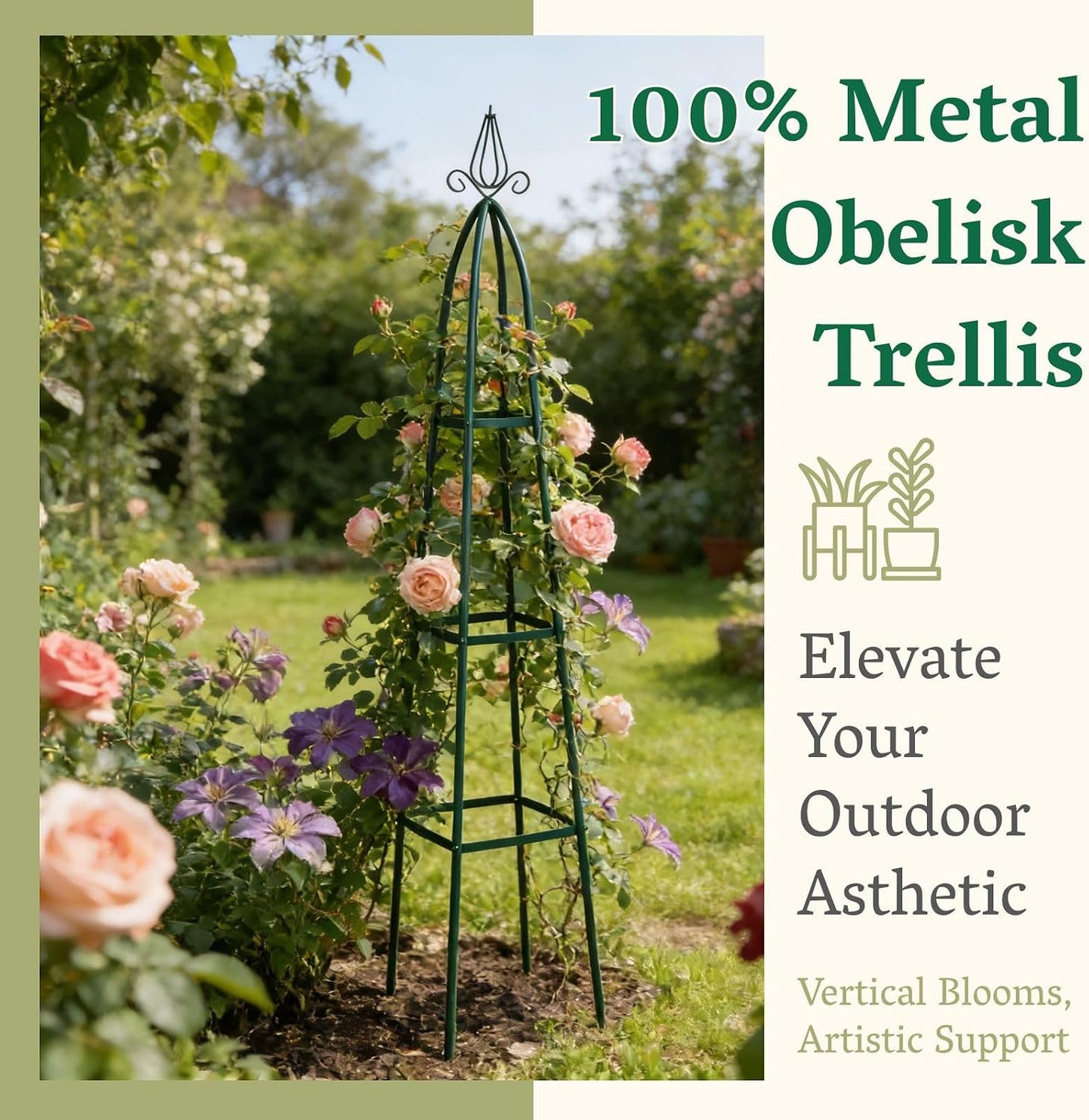 100% Metal Garden Obelisk Trellis for Climbing Plants Outdoor | Powder-Coated Steel Tall Garden Teepee Trellis | Sturdy Vertical Plant Support for Potted Plants Peas, Beans, Squash Outdoor & Indoor