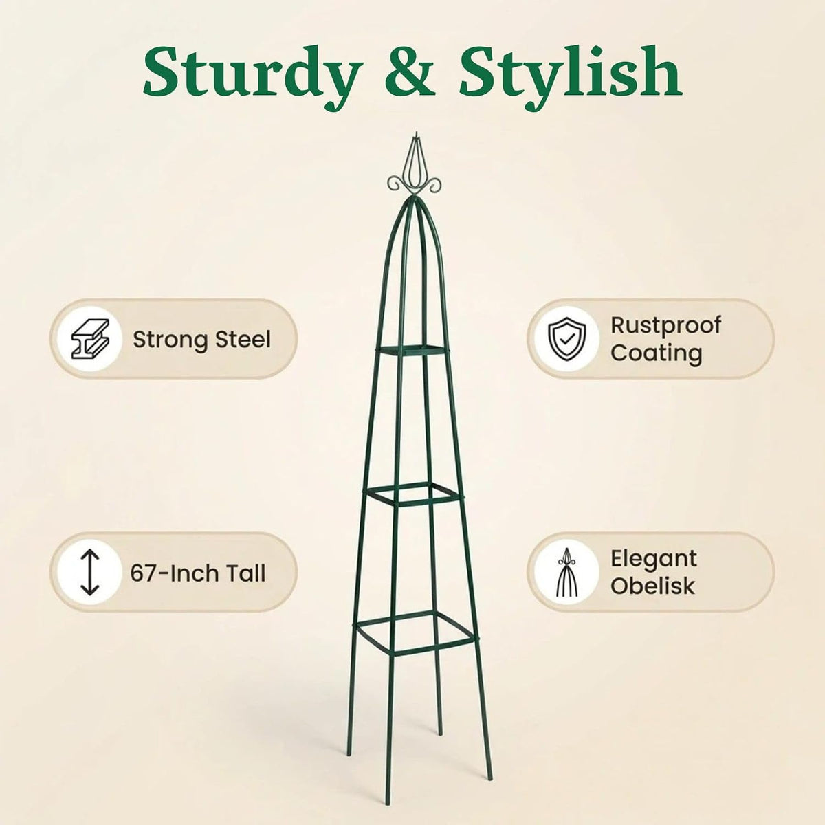 100% Metal Garden Obelisk Trellis for Climbing Plants Outdoor | Powder-Coated Steel Tall Garden Teepee Trellis | Sturdy Vertical Plant Support for Potted Plants Peas, Beans, Squash Outdoor & Indoor