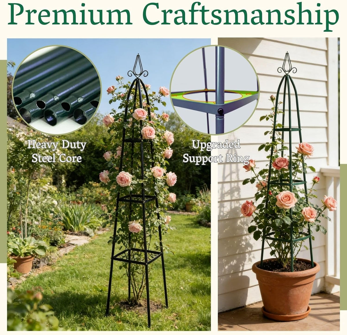 100% Metal Garden Obelisk Trellis for Climbing Plants Outdoor | Powder-Coated Steel Tall Garden Teepee Trellis | Sturdy Vertical Plant Support for Potted Plants Peas, Beans, Squash Outdoor & Indoor