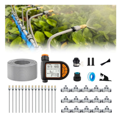 49FT Drip Irrigation Kits,Quick Connector Automatic Irrigation System,with Replaceable Bending Dropper,atomizing Copper Nozzle for Watering System for Garden Plant Lawn Patio. (15M+12Nozzles)