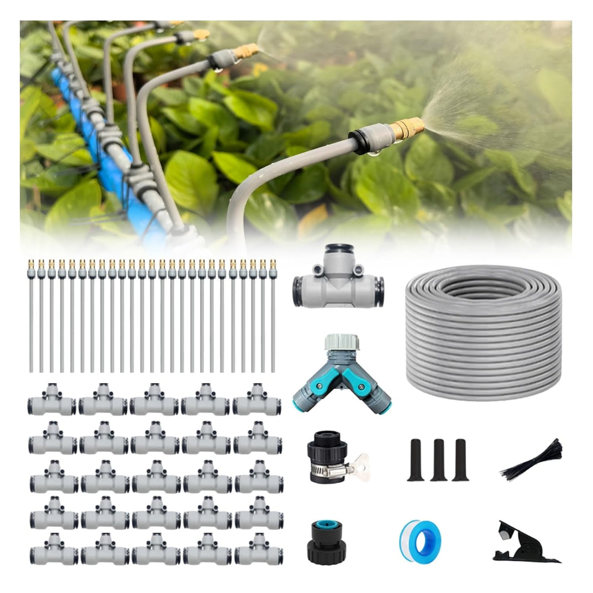 49FT Drip Irrigation Kits,Quick Connector Automatic Irrigation System,with Replaceable Bending Dropper,atomizing Copper Nozzle for Watering System for Garden Plant Lawn Patio. (15M+12Nozzles)