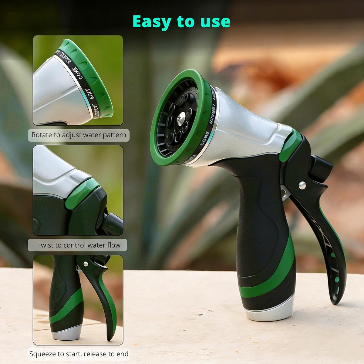 Metal Garden Hose Nozzle, Heavy Duty Water Hose Sprayer, Leak Proof