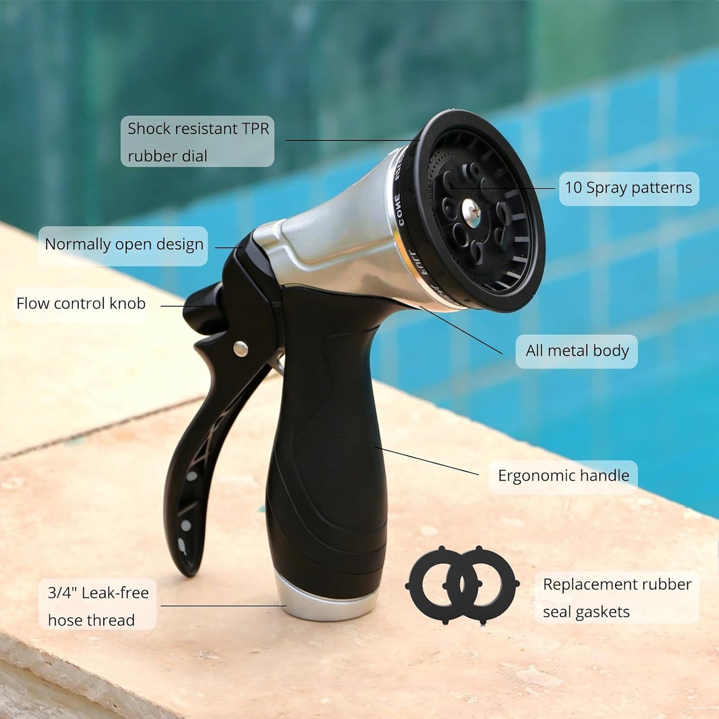 Metal Garden Hose Nozzle, Heavy Duty Water Hose Sprayer, Leak Proof