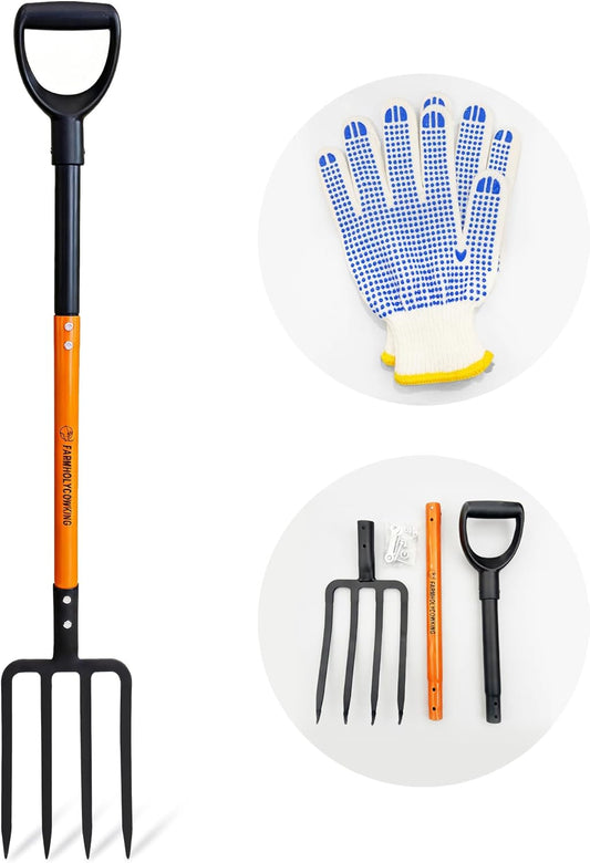 Pitch Fork for Garden, 4-Tines Garden Fork, 45-Inch Spading Fork, Heavy Duty Compost Digging Fork with Steel Handle and Enhanced D-handle, Orange