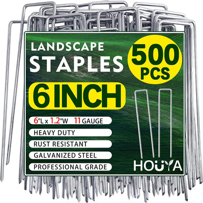 500 PCS Landscape Staples 6 Inch Galvanized Garden Stakes Garden Staples Pins Anti-Rust Ground Stakes for Weed Barrier, Irrigation Hose, Yard Lawn SOD, Landscape Fabric, Decor 6"L x1.2"W 500pcs