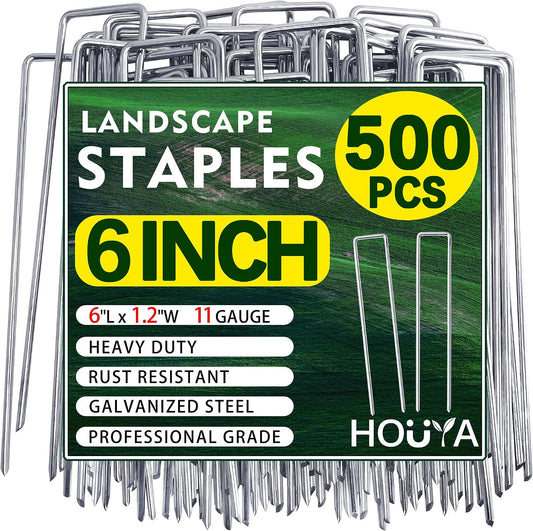 500 PCS Landscape Staples 6 Inch Galvanized Garden Stakes Garden Staples Pins Anti-Rust Ground Stakes for Weed Barrier, Irrigation Hose, Yard Lawn SOD, Landscape Fabric, Decor 6"L x1.2"W 500pcs
