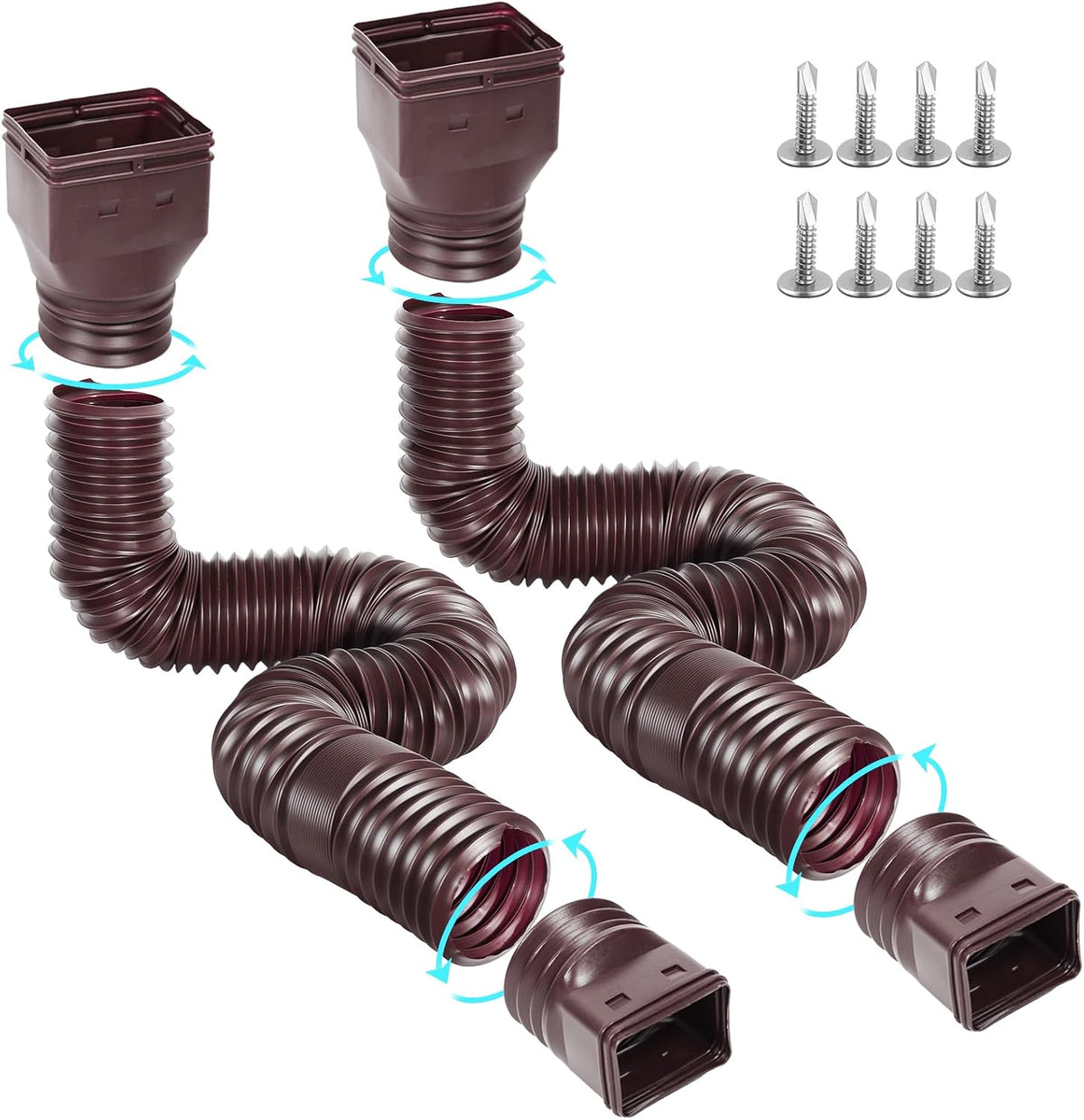 Gutterlix 2 Pack Flexible Gutter Downspout Extensions Extendable from 21" to 67", Downspout Extender Comes with Adapters, Thickened Down spout Drain Extension for Rainwater Drainage(Brown)