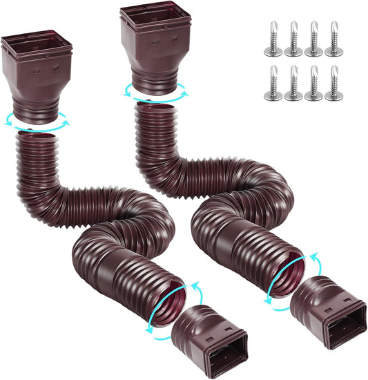 Gutterlix 2 Pack Flexible Gutter Downspout Extensions Extendable from 21" to 67", Downspout Extender Comes with Adapters, Thickened Down spout Drain Extension for Rainwater Drainage(Brown)